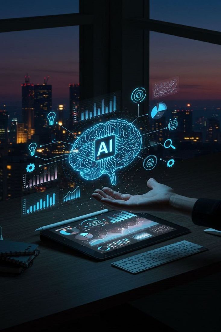 Digital brain labelled AI above a tablet showing charts