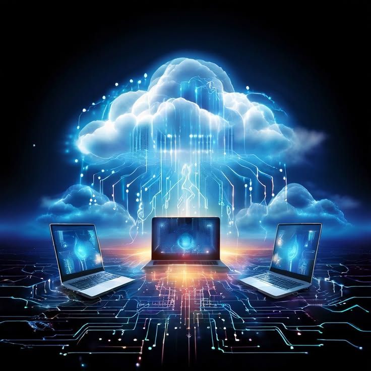 Cloud connected to laptops over a circuit board